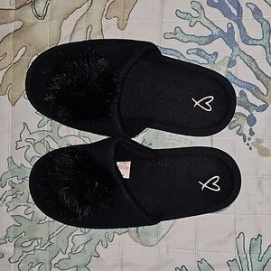 Victoria's Secret M (Roughly 8.5) Black Pom Pom Slippers - Used, Like New